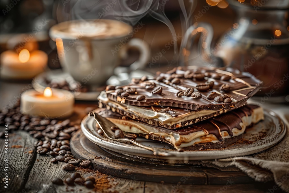 A rustic setting featuring a stack of chocolate bars with coffee beans, steaming coffee cup, and candles, creating a warm and cozy ambiance. A rustic setting featuring a stack of chocolate bars with coffee beans, steaming coffee cup, and candles, creating a warm and cozy ambiance.