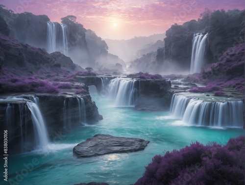 Stunning Fantasy Waterfalls in Mystical Landscape with Purple Flora at Sunrise