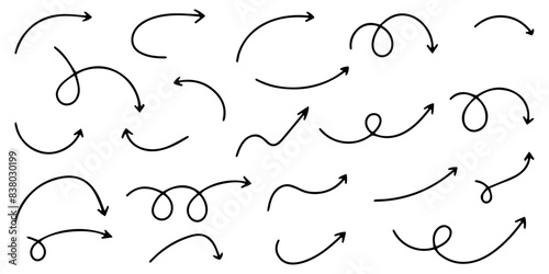 Set of vector curved arrows hand drawn. Sketch doodle style. Collection of pointers.