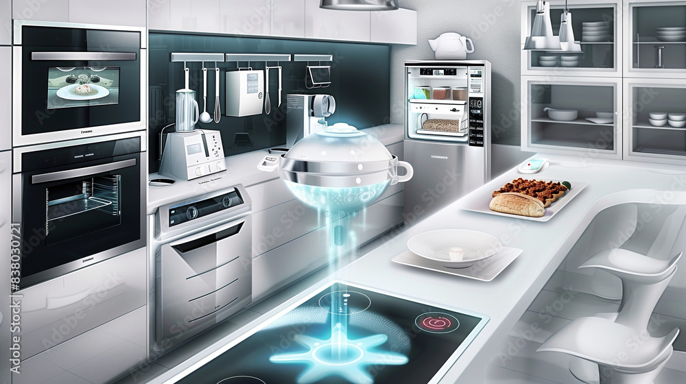 AI-Enabled Smart Kitchen Appliances Preparing a Meal in a Modern Home Design, Showcasing Innovative Cooking Technology AI-Enabled Smart Kitchen Appliances Preparing a Meal in a Modern Home Design, Showcasing Innovative Cooking Technology