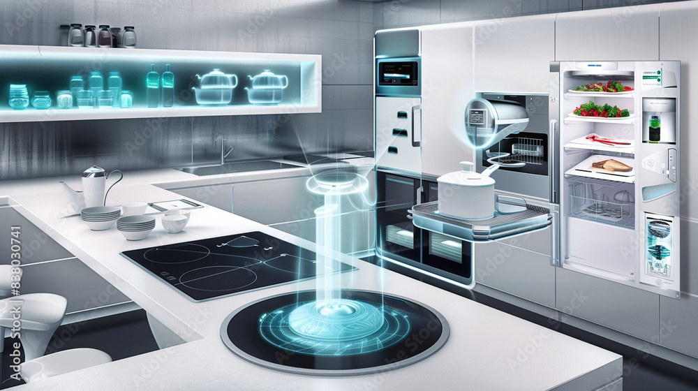 AI-Enabled Smart Kitchen Appliances Preparing a Meal in a Modern Home Design, Showcasing Innovative Cooking Technology AI-Enabled Smart Kitchen Appliances Preparing a Meal in a Modern Home Design, Showcasing Innovative Cooking Technology