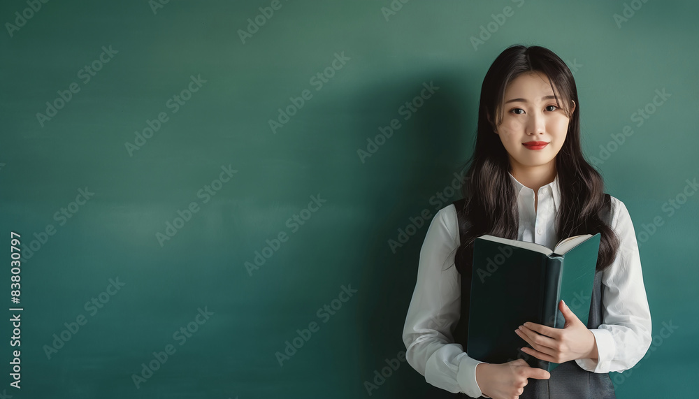 Confident Asian Teacher Standing in Front of the Chalk Board in Classroom