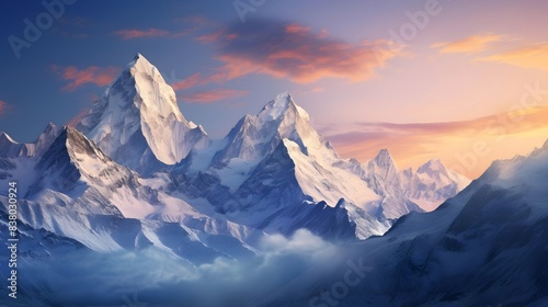 Snowy mountains panorama at sunset - 3d render, illustration