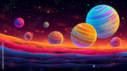 breathtaking view colorful galaxy space and planets set on dark background illustration  colorful planetary satellites on a black background