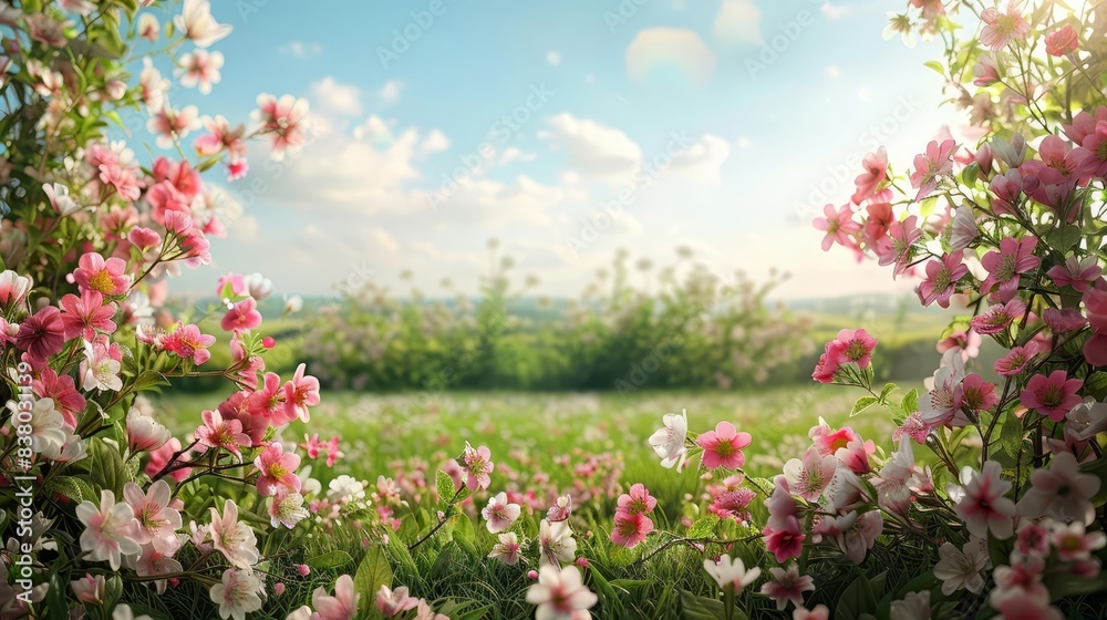 Spring sale banner with blooming flowers and green fields copy space, spring, dynamic, Manipulation, Flower market backdrop Spring sale banner with blooming flowers and green fields copy space, spring, dynamic, Manipulation, Flower market backdrop
