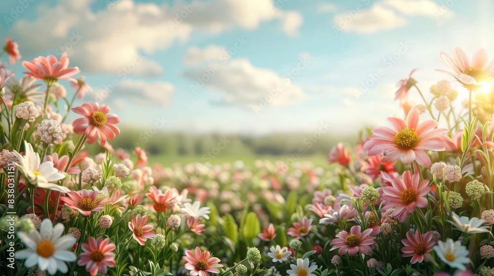 Fototapeta premium Spring sale banner with blooming flowers and green fields copy space, spring, dynamic, Manipulation, Flower market backdrop