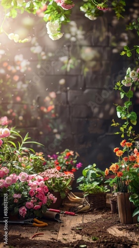 Wallpaper Mural Spring garden sale banner with blooming flowers and gardening tools copy space, spring, ethereal, Fusion, Garden center backdrop Torontodigital.ca