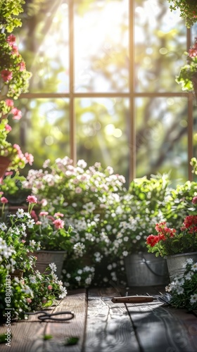 Wallpaper Mural Spring garden sale banner with blooming flowers and gardening tools copy space, spring, ethereal, Fusion, Garden center backdrop Torontodigital.ca