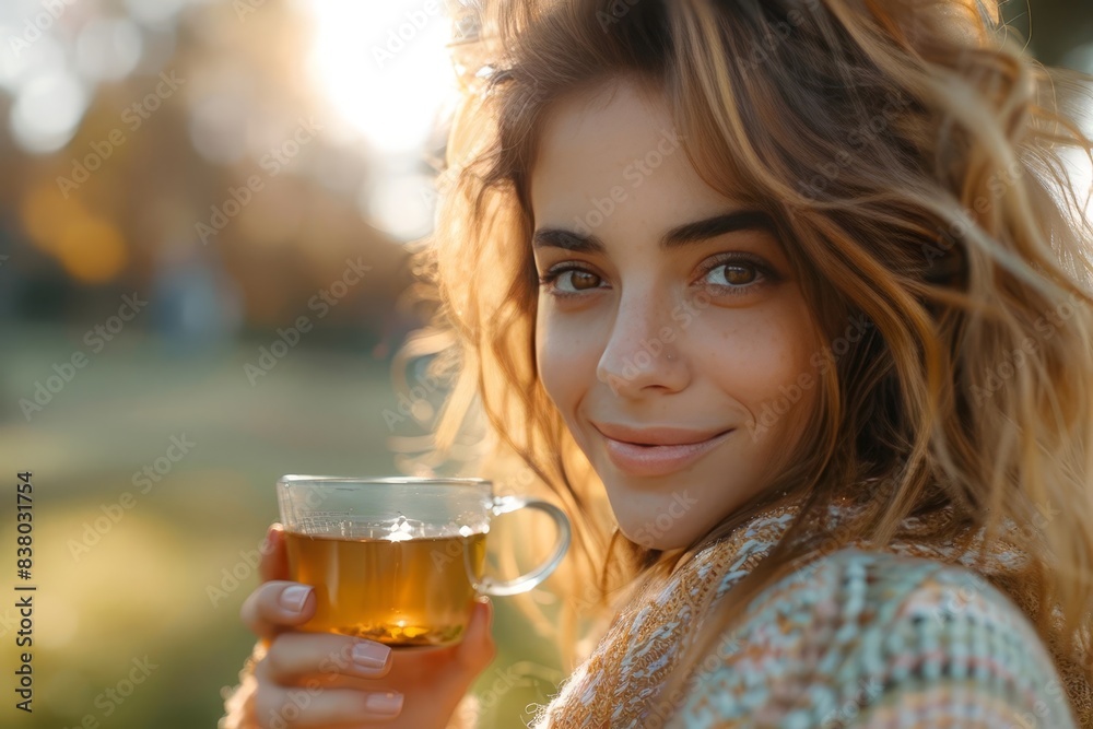 Model enjoying a beauty tea with joy selective focus, supplement, dynamic, Fusion, Park backdrop Model enjoying a beauty tea with joy selective focus, supplement, dynamic, Fusion, Park backdrop