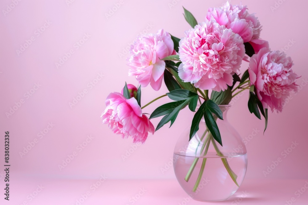 Pink peonies in a glass vase against a pink background Pink peonies in a glass vase against a pink background