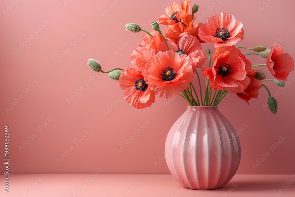 Vibrant red poppies in a pink vase against a light pink background Vibrant red poppies in a pink vase against a light pink background
