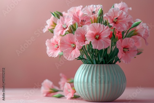 Pink lisianthus bouquet in a green vase against a pink background