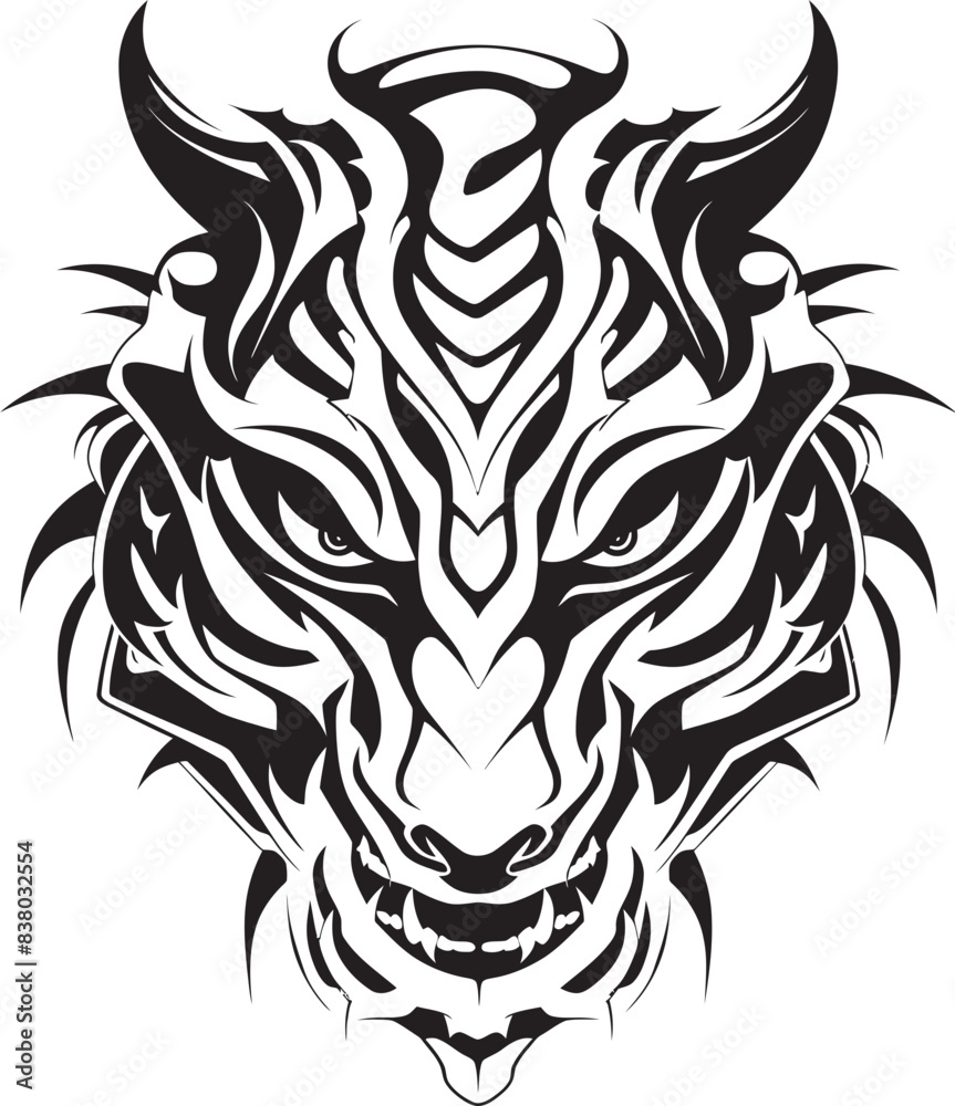 Fototapeta premium Mythical Creature Badge Frontal Design Dragon Head Art Detailed Emblem