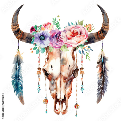 Watercolor bull skull with flowers and feathers over white, boho aesthetic, vector	