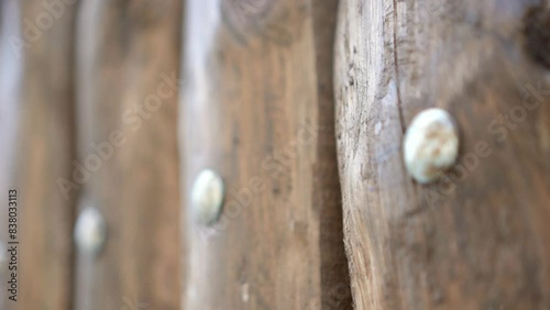 a fence of roughly hewn wood covered with light brown oil. Metal nail caps photo