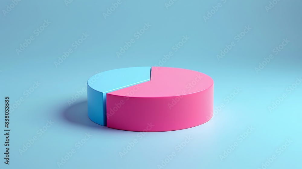 Fototapeta premium 3D pie chart with pink and blue segments on a light blue background, ideal for business presentations and data visualization. 3D Illustration.