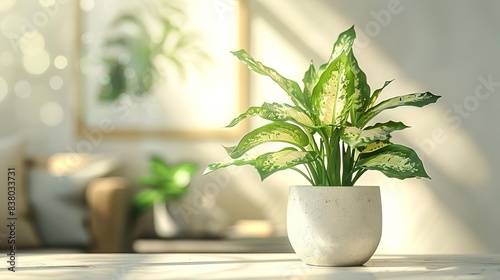 A Dieffenbachia plant growing in an AIcontrolled indoor garden, digital displays monitoring growth, clean and minimalistic, soft white lighting
