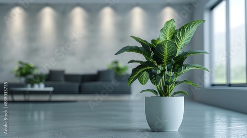 A Dieffenbachia plant growing in an AIcontrolled indoor garden, digital displays monitoring growth, clean and minimalistic, soft white lighting photo