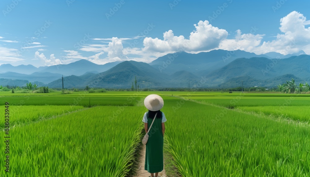 A farmer stands overlooking a large rice field A farmer stands overlooking a large rice field