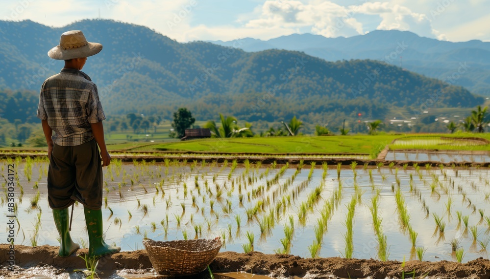 Obraz premium A farmer stands overlooking a large rice field