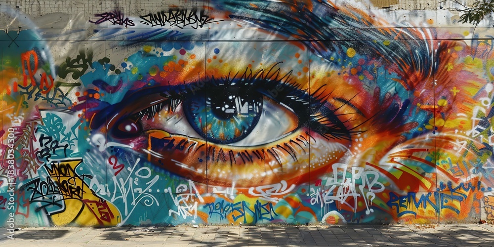 Fototapeta premium eye graffiti art on street wall grungy messy artful urban landscape