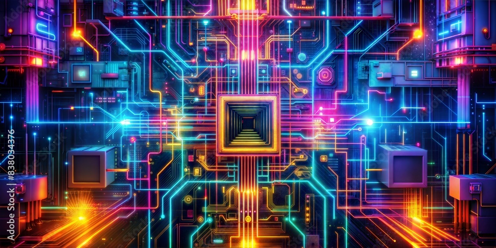 Abstract Techno Circuitry: Technological circuitry patterns in abstract arrangements, illuminated with neon colors for a futuristic look.
Abstract Techno Circuitry: Technological circuitry patterns in abstract arrangements, illuminated with neon colors for a futuristic look.