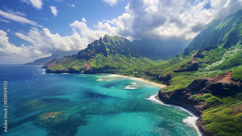 Hawaii shore  beach  tropical  ocean  sea  coastline  waves  sand  palm trees  paradise  vacation  travel  nature  scenic  beautiful  tranquil  turquoise water  horizon  sunny  sky  landscape  outdoor