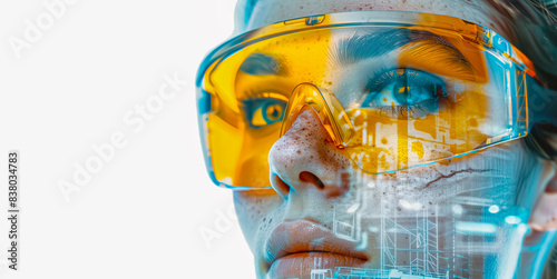 AI technology. Glasses with artificial intelligence function. Closeup portrait of beautiful woman wearing yellow hi-tech protection glasses.  photo