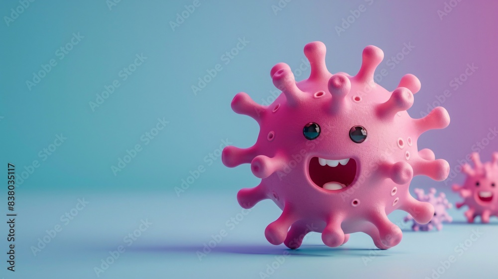 A cheerful, pink, cartoon coronavirus character with a happy face on a colorful gradient background, representing lighthearted pandemic themes. 3D Illustration. A cheerful, pink, cartoon coronavirus character with a happy face on a colorful gradient background, representing lighthearted pandemic themes. 3D Illustration.