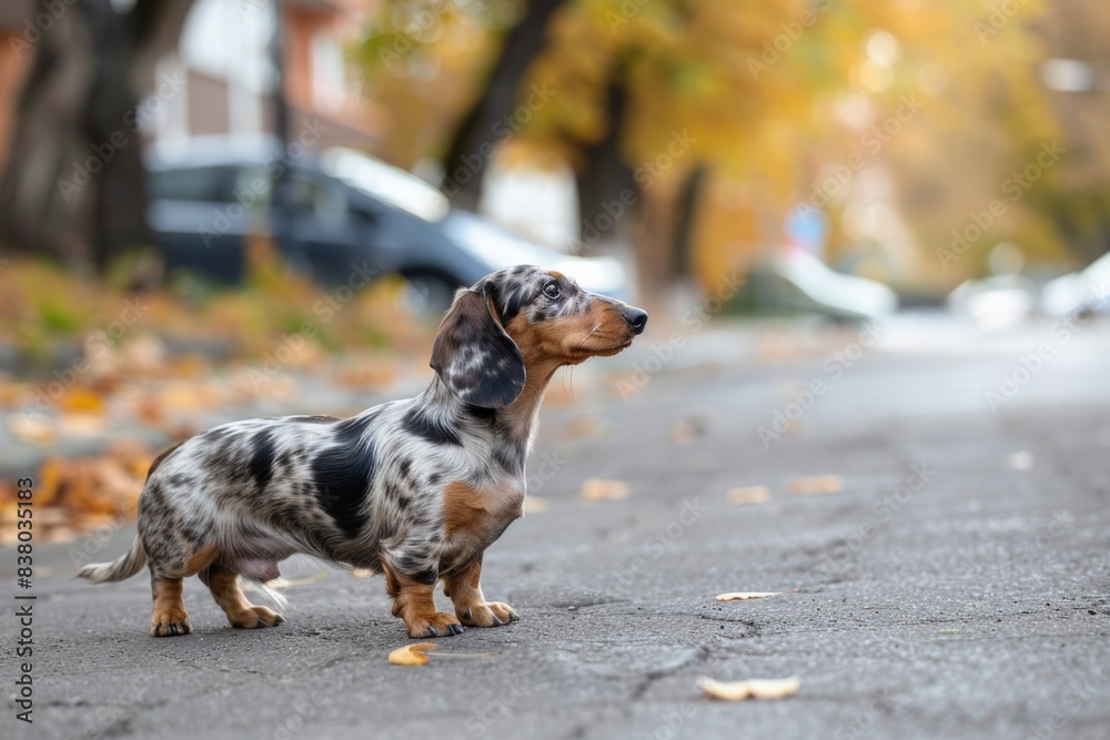 black merle color purebred Dachshund dog on the road in the park in summer black merle color purebred Dachshund dog on the road in the park in summer
