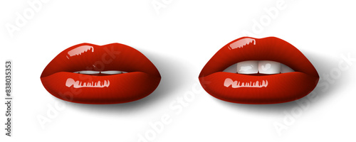 Realistic Woman Lips With Red Glossy Lipstick