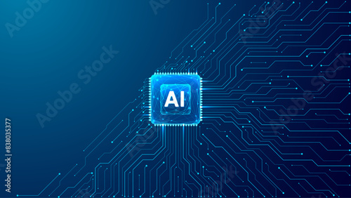Abstract AI chip with circuit elements on dark blue technology bg. Polygonal circuit board and light blue microchip. AI electronics element on tech bg with place for text. Digital vector illustration (ID: 838035377)