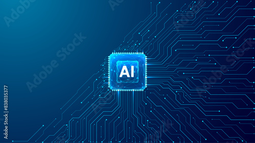 Abstract AI chip with circuit elements on dark blue technology bg. Polygonal circuit board and light blue microchip. AI electronics element on tech bg with place for text. Digital vector illustration