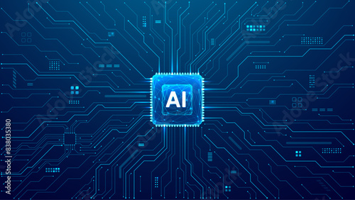 AI chip background with circuit light elements in blue on technology dark background. Circuit board, AI semiconductor and computer processor. Abstract polygonal microchip. Low poly vector illustration (ID: 838035380)