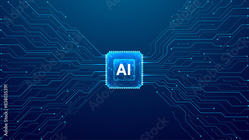 Abstract AI polygonal chip with circuit elements on dark blue technology bg. A circuit board and light blue semiconductor. AI microchip on tech bg with place for text. Digital vector illustration.  (ID: 838035391)