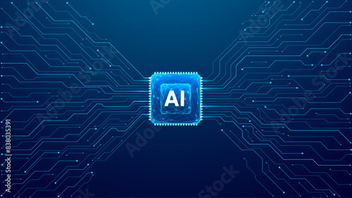 Abstract AI polygonal chip with circuit elements on dark blue technology bg. A circuit board and light blue semiconductor. AI microchip on tech bg with place for text. Digital vector illustration. 