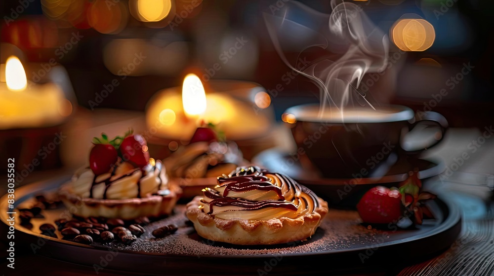 Warm coffee and delicious pastries with strawberries and chocolate drizzle on a wooden tray, set in a cozy, candle-lit atmosphere. Warm coffee and delicious pastries with strawberries and chocolate drizzle on a wooden tray, set in a cozy, candle-lit atmosphere.