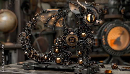 Steampunk dragon sculpture made of metal gears and parts photo