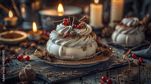 Elegant meringue dessert with whipped cream and berries, surrounded by candles and festive decorations on a rustic table. © Tin