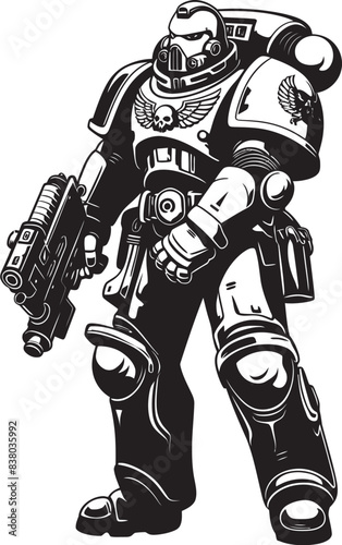 Army Cyborg Badge Vector Graphic Futuristic Soldier Emblem Robot Soldier with Weapon