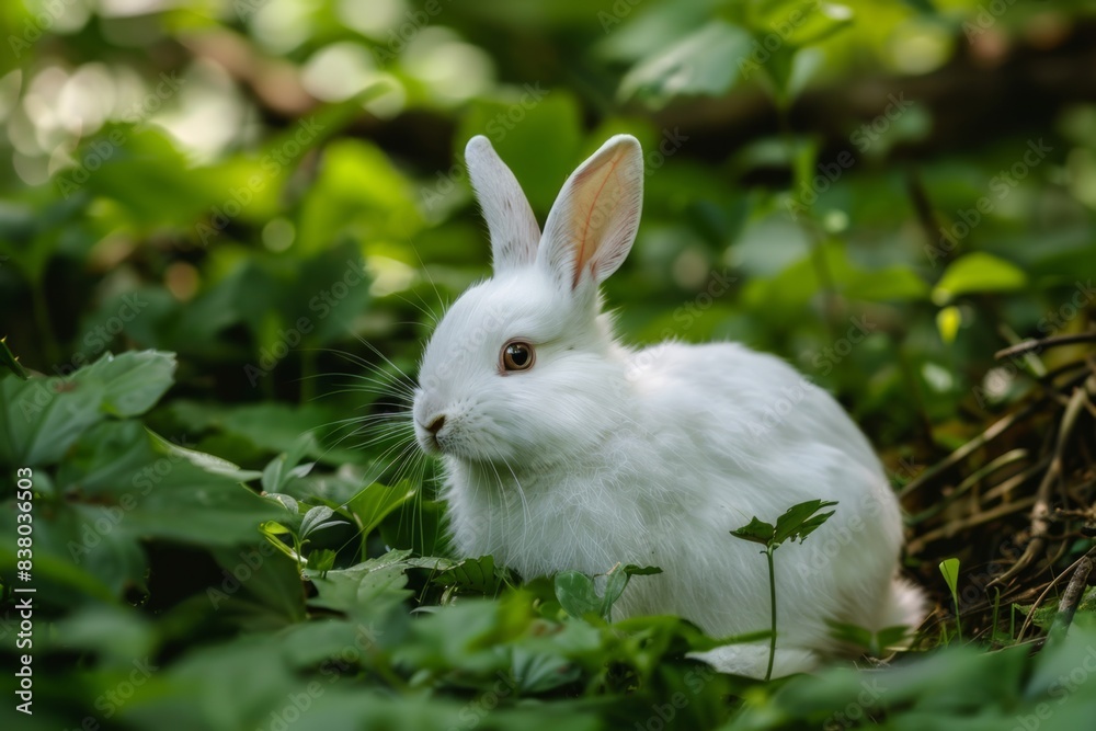 white bunny rabbit pet in the garden on green grass with copy space white bunny rabbit pet in the garden on green grass with copy space