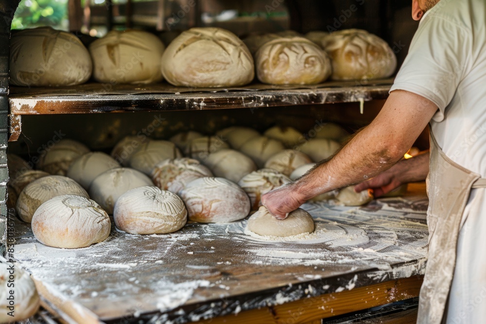 hands taking artisanal sourdough bread before baking, raw dough in bakery closeup