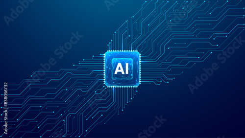 Digital AI low poly semiconductor with circuit elements on abstract technology background. Motherboard lines, AI chip on tech bg. Dark blue bg with empty place for text or message. Vector illustration (ID: 838036732)