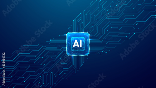 Digital AI low poly semiconductor with circuit elements on abstract technology background. Motherboard lines, AI chip on tech bg. Dark blue bg with empty place for text or message. Vector illustration
