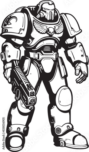 Military Futuristic Badge Robot Soldier with Weapon Futuristic Army Man Emblem Vector Illustration