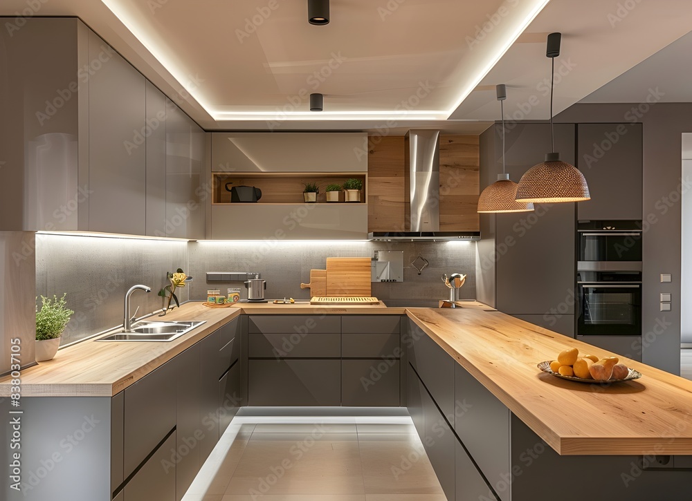 Fototapeta premium Modern kitchen interior in a minimalist style with wooden elements