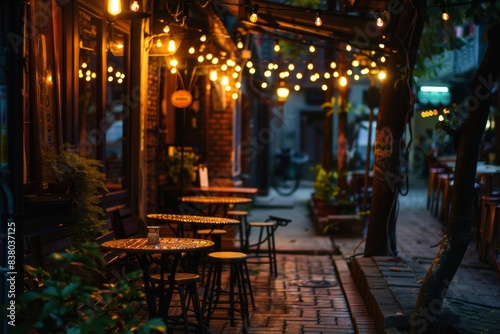 Fototapeta Naklejka Na Ścianę i Meble -  vintage cafe terrace cozy lighting street warm light romantic ambience at night