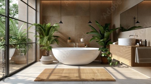 A contemporary bathroom with eco-friendly fixtures. 