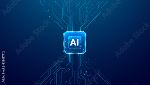 AI chip background with circuit line light elements. Technology blue background. Circuit board, AI semiconductor, and computer processor. Abstract polygonal microchip vector illustration.  (ID: 838037712)