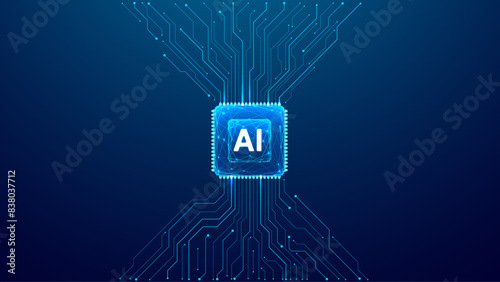 AI chip background with circuit line light elements. Technology blue background. Circuit board, AI semiconductor, and computer processor. Abstract polygonal microchip vector illustration. 